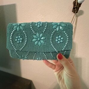 Anthropologie Blue Beaded Clutch with Strap